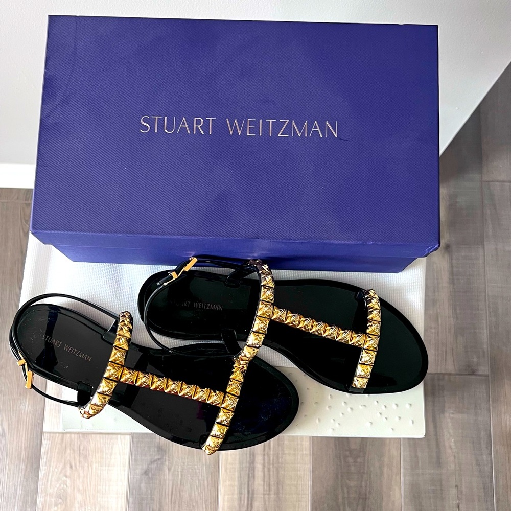 New Stuart Weitzman
Jelrose Studded T-Strap Sandals
Black W/Gold.  Size 9.